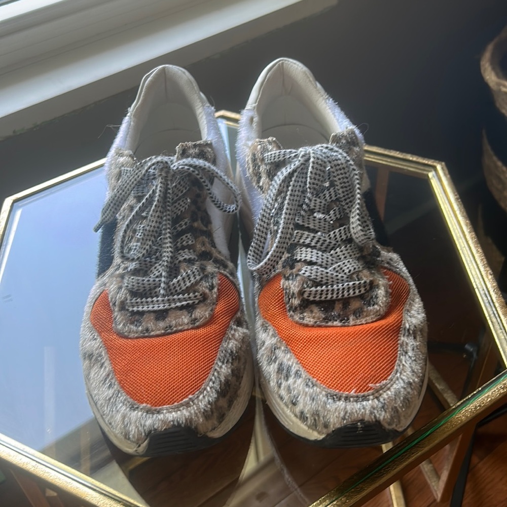 Faux fur leopard and orange sneakers